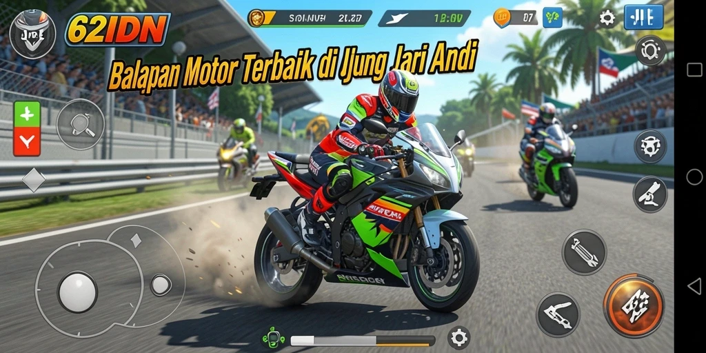 Tampilan gameplay 62IDN saat balapan motor yang menegangkan.