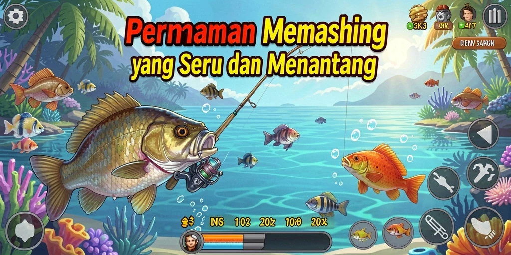 Tampilan gameplay K3K3 dengan berbagai lokasi memancing yang menakjubkan.