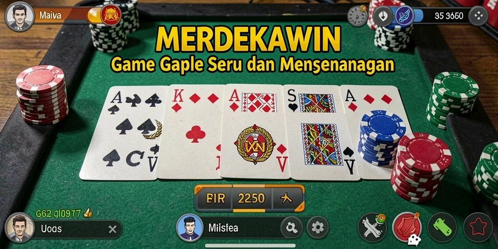 Tampilan gameplay <strong>MERDEKAWIN</strong> yang seru dengan kartu gaple di meja.