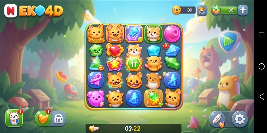 Tampilan gameplay seru dan berwarna dari NEKO4D Match-3.