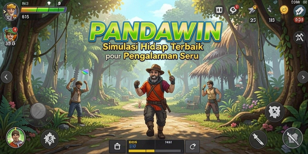 Tampilan gameplay PANDAWIN menunjukkan kehidupan virtual yang dinamis dan penuh warna.
