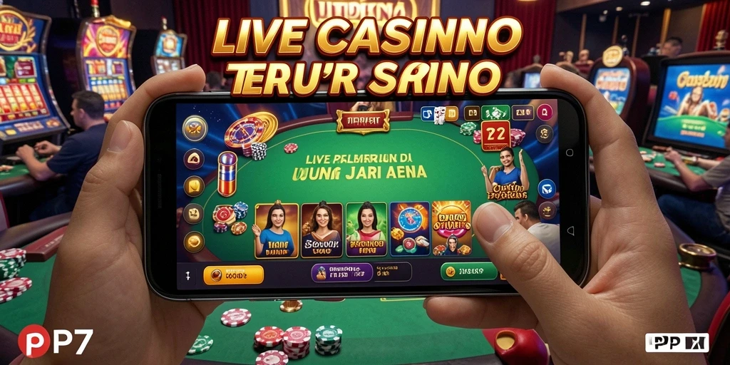 Screenshot gameplay Live Casino di PP7 menunjukkan dealer langsung yang berinteraksi dengan pemain.