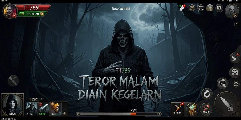 Screenshot permainan TT789 menunjukkan suasana menegangkan dan karakter yang terjebak dalam kegelapan.